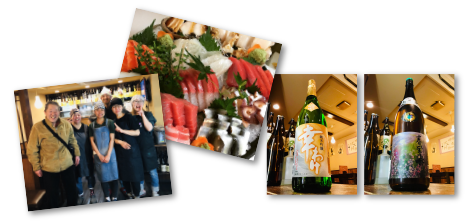 居酒屋のだぴんお酒とお刺身とスタッフ